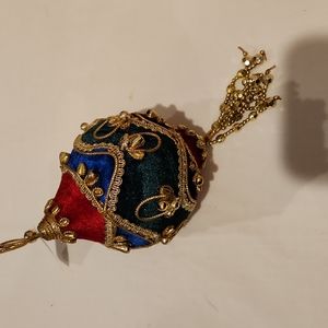 Glamorous holiday ornament green, red, blue, purple velvet with gold detailing